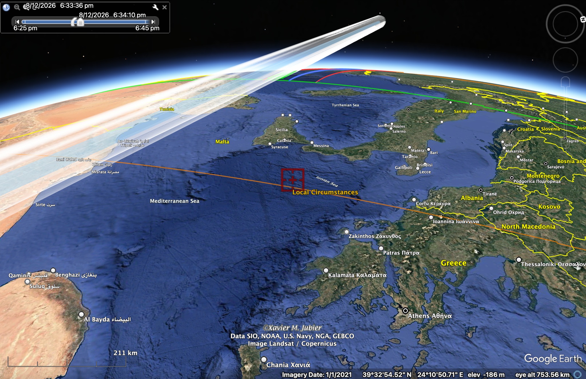 Solar eclipser terminus - umbral cone position Mediterranean