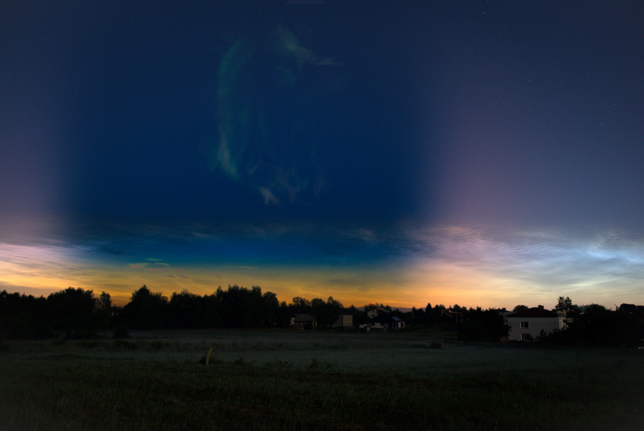 Total solar eclipse 2026 below the horizon, noctilucent clouds and aurora